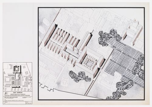 Project for redevelopment of the Campo di Marte area of La Giudecca, Venice, Italy: axonometric with shadows and vegetation