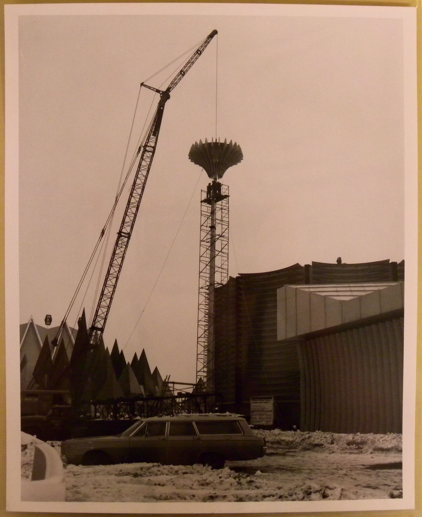 View of the elevated light feature of the Canadian Pacific-Cominco Pavilion at its construction stage, Expo 67, Montréal, Québec