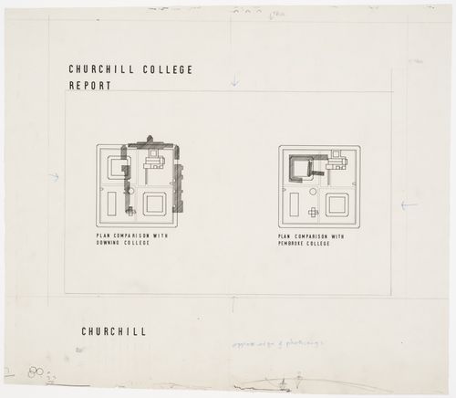 Two diagrammatic plans showing the comparative sizes of the projected main buildings for Churchill College and other existing Colleges in Cambridge, Churchill College, University of Cambridge, Cambridge, England