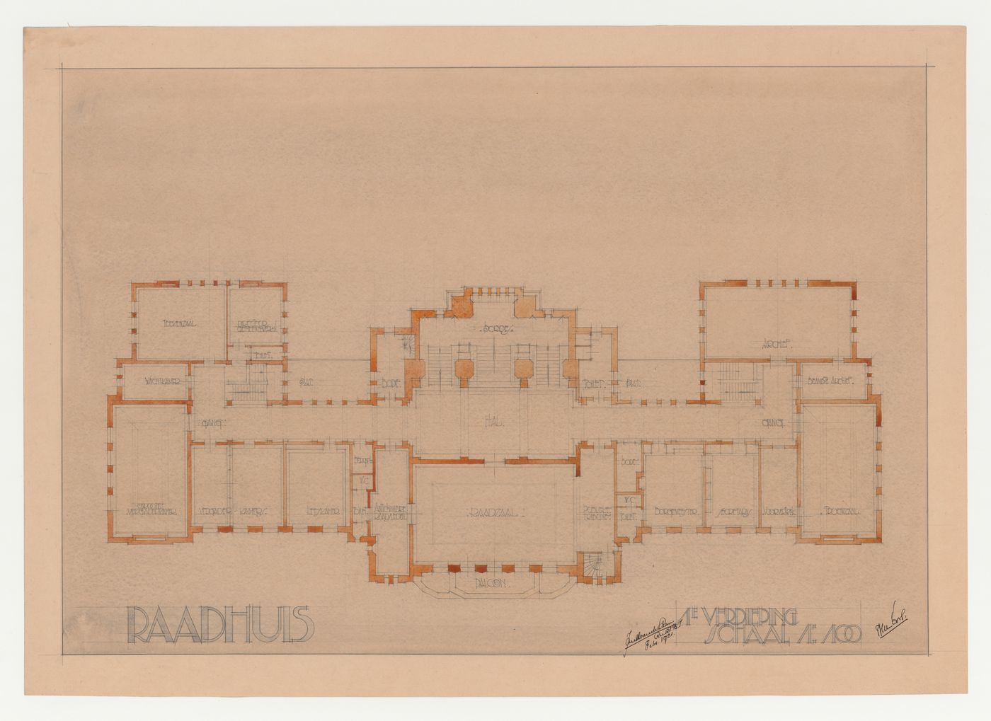 Student presentation drawing showing the first floor plan for a town hall, Technische Hogeschool Delft, Netherlands