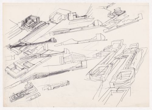 Sketch perspectives and axonometric views for Centro Cultural de Sines, Sines, Portugal; verso: Sketch