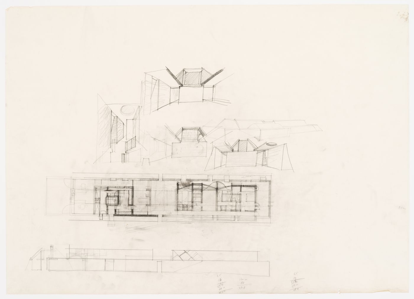 Sketch perspectives, floor plan and sketch of elevation for Casa Tabanelli, Stintino, Italy