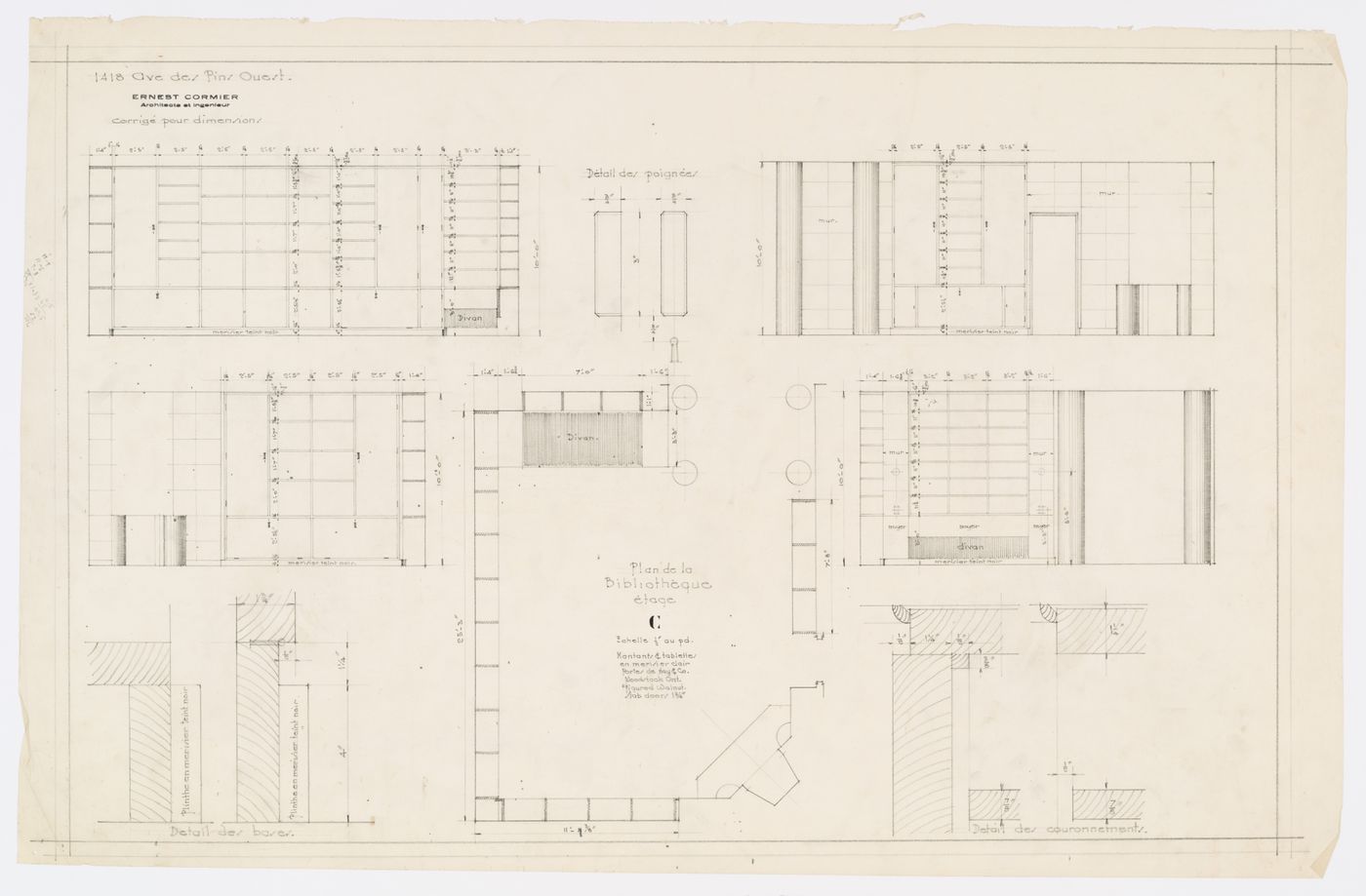 Plan de la bibliothèque,  Résidence Ernest Cormier, 1418 Avenue des Pins Ouest, Montréal, Canada (1929-1957)