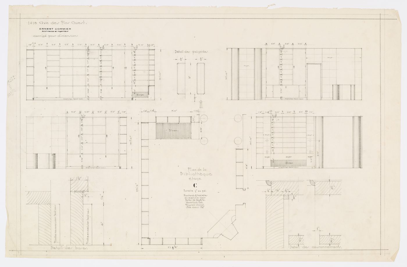 Plan de la bibliothèque,  Résidence Ernest Cormier, 1418 Avenue des Pins Ouest, Montréal, Canada (1929-1957)