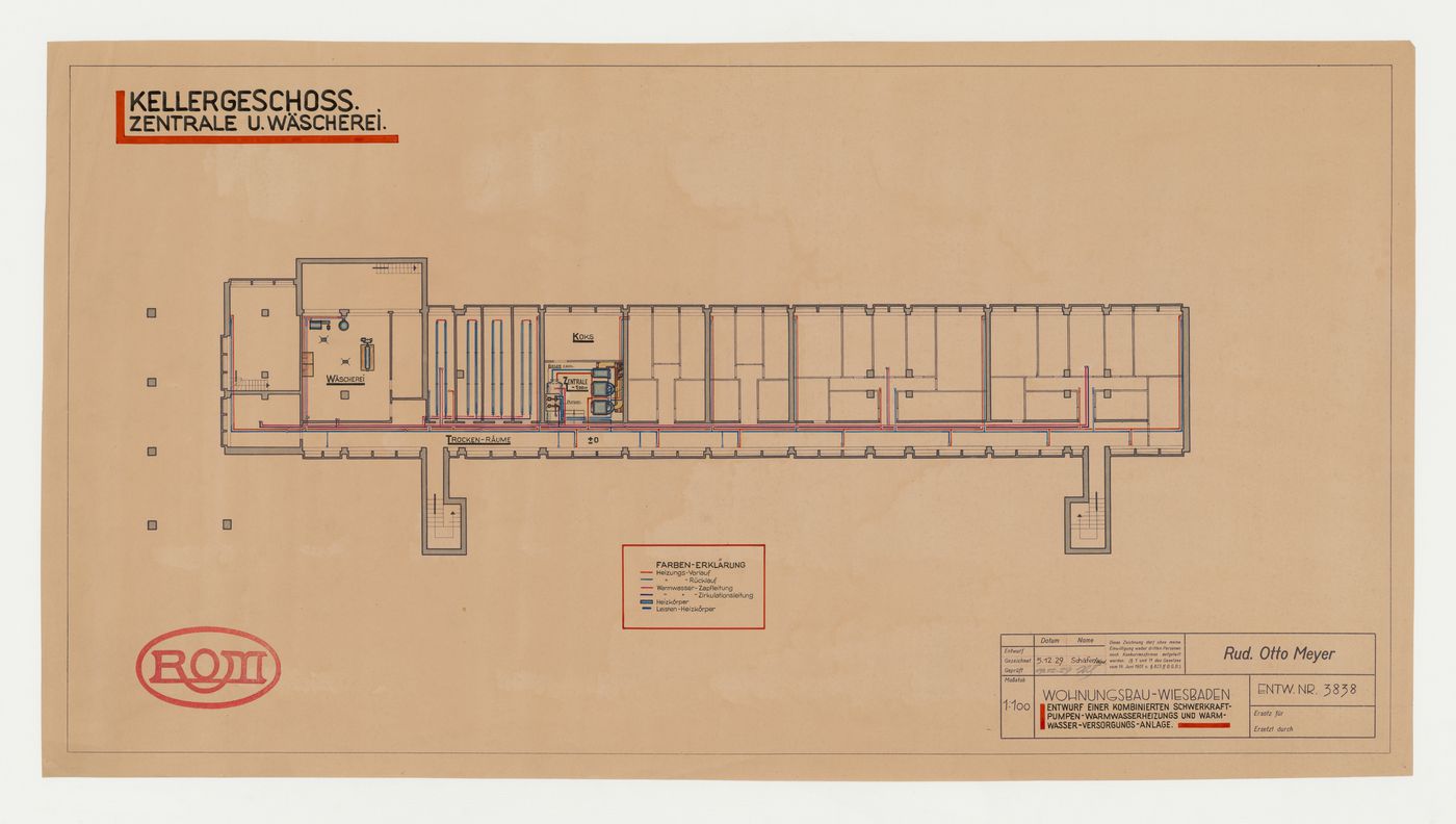 Basement plan for air pressure pumps, warm water heating, and warm water supply for a housing estate, Wiesbaden, Germany