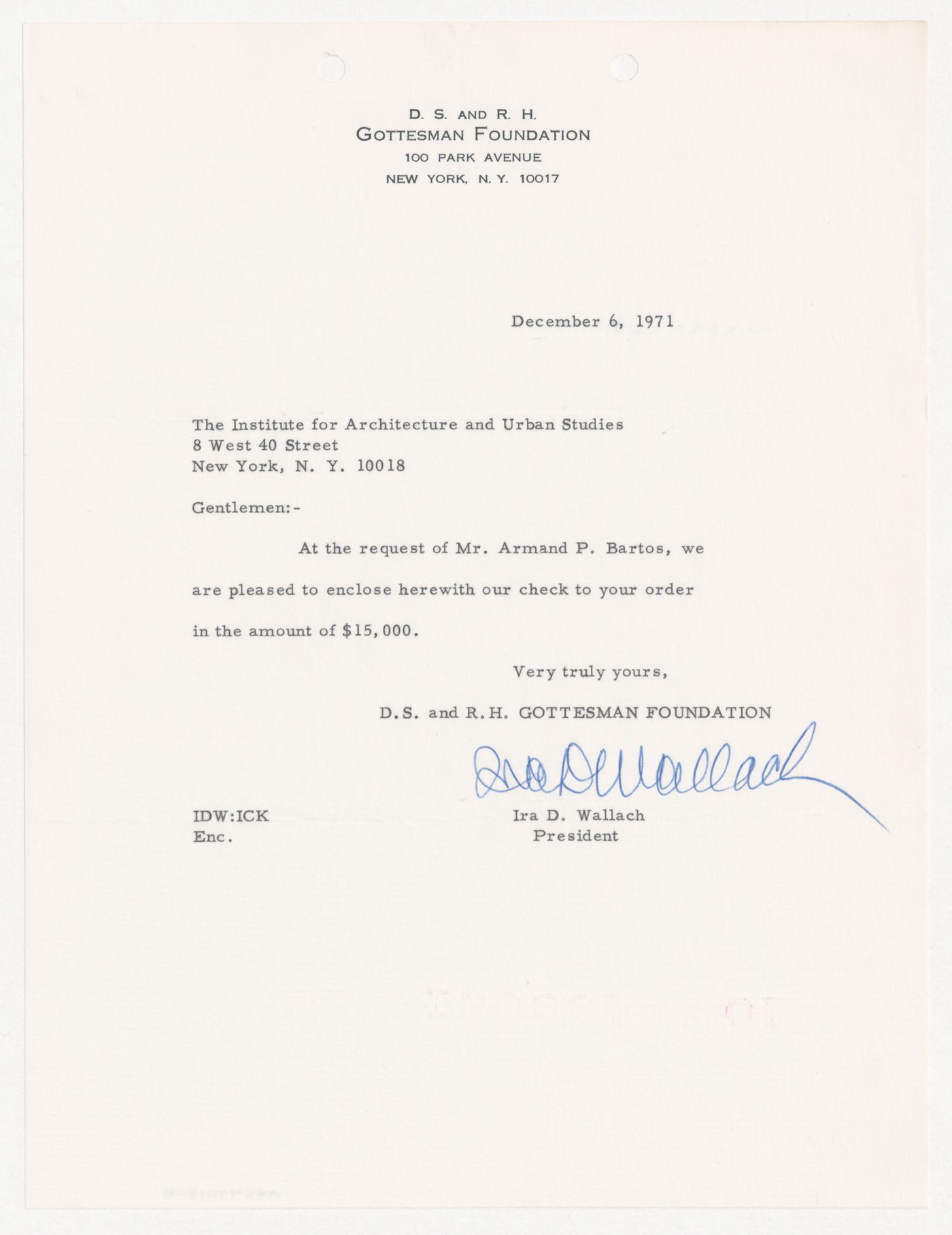 Letter from Ira D. Wallach to IAUS about funding from the D. S. and R. H. Gottesman Foundation