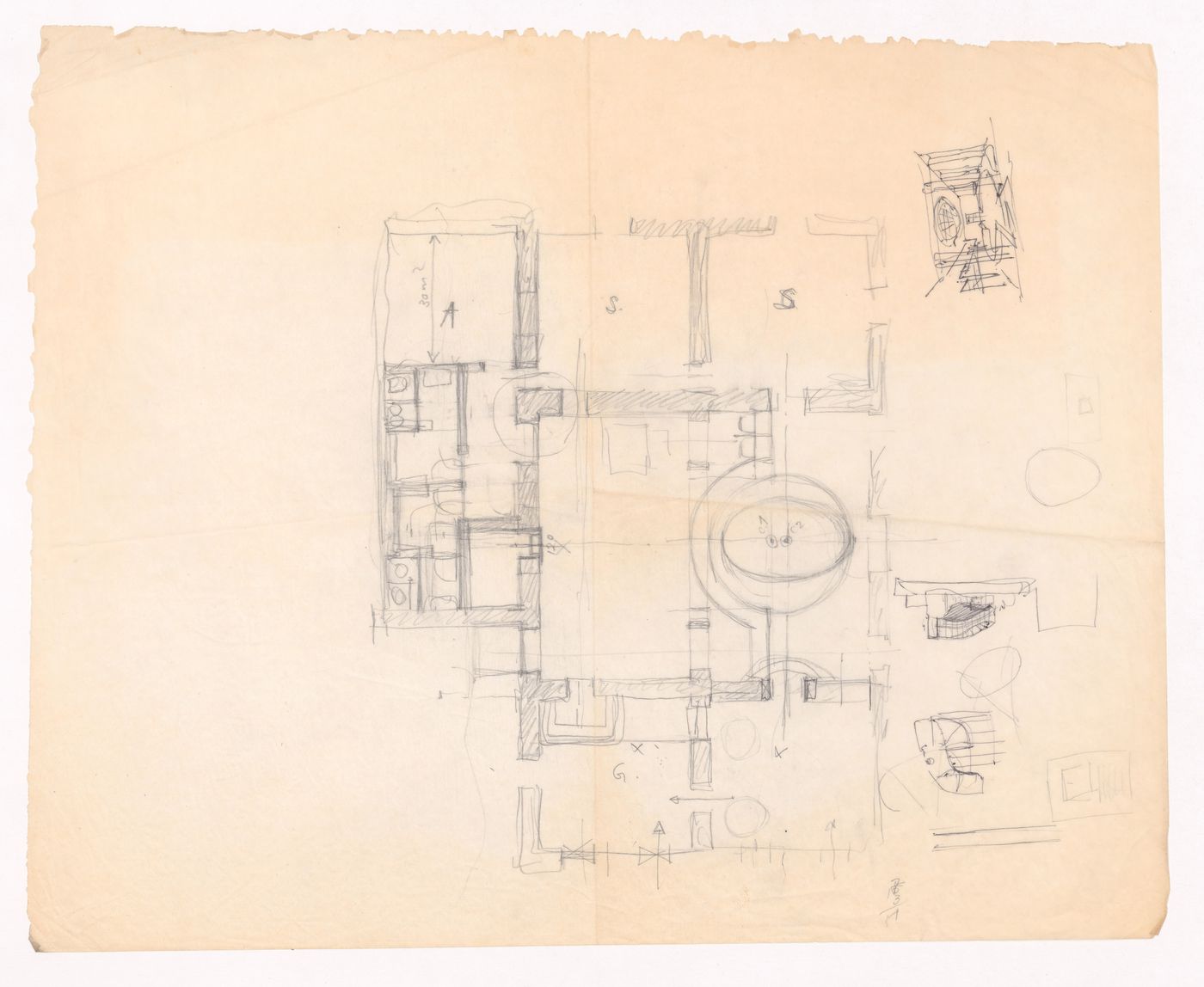 Sketch plan and perspective views for Banco Pinto & Sotto Mayor, agência e clube, Lamego, Portugal