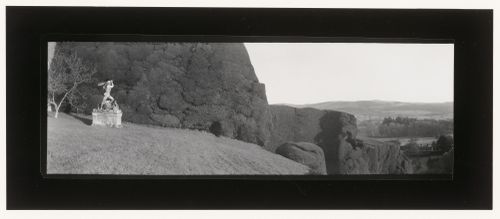 View of the grounds of Castell Powys showing a statue and hedges, Powys, Wales
