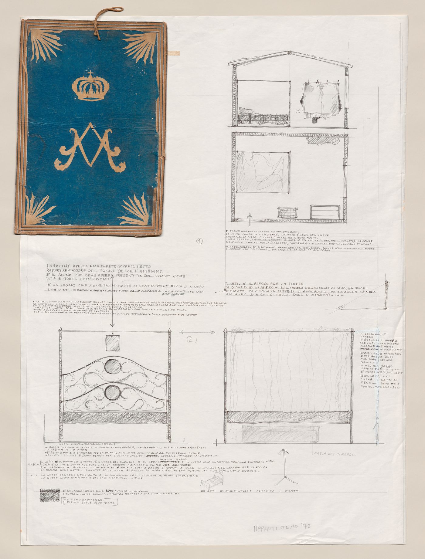 Cross section and elevations with notes and collage elements for Zeno, une cultura autosufficiente [Zeno, a self-sufficient culture]