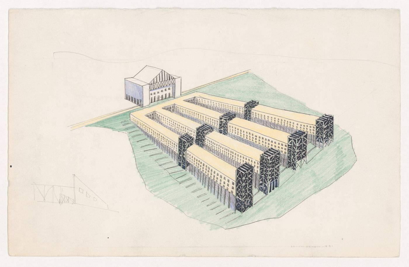 Sketch axonometric for Casa dello studente, Trieste, Italy