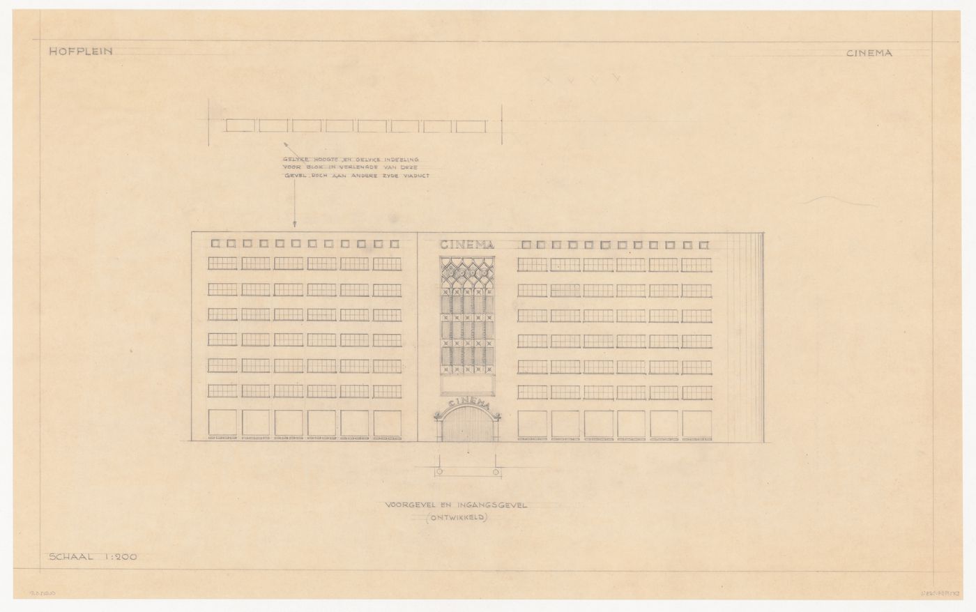 Principal and partial lateral elevations for a model for a cinema for the reconstruction of the Hofplein (city centre), Rotterdam, Netherlands