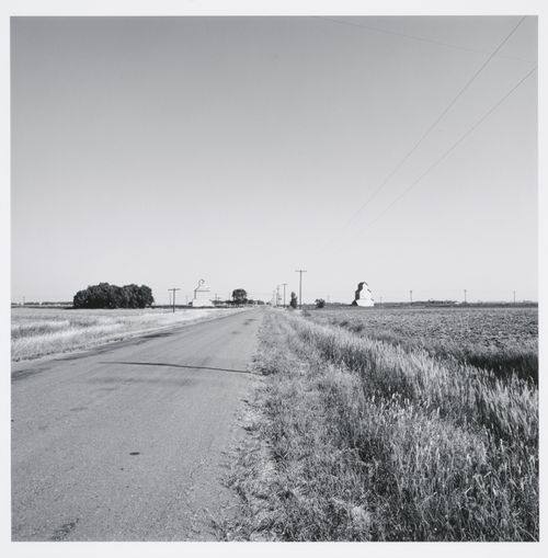View of road with fields and two grain elevators on either side, Kinsley, Kansas