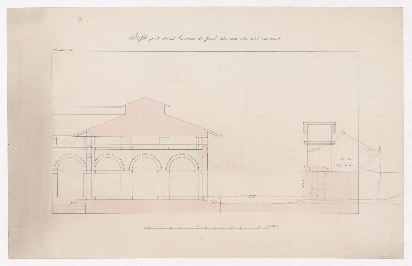 Sectional elevation through court for Market Building, Marché des Carmes, Paris