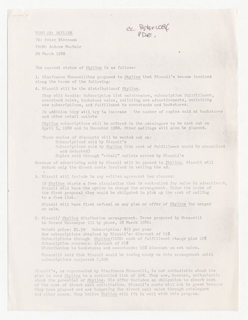 Memorandum from Andrew MacNair to Peter D. Eisenman about current status of Skyline