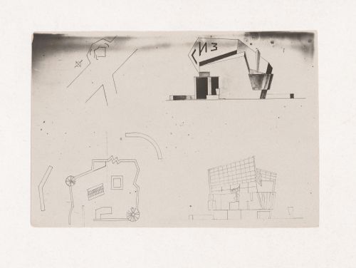 Photograph of student drawings by M. Alimov on the topic "Exercise on Finding the Expressiveness of Volume. Book Pavilion-Kiosk" for the "Space" course at the Vkhutein (Moscow Higher Technical Institute), Moscow