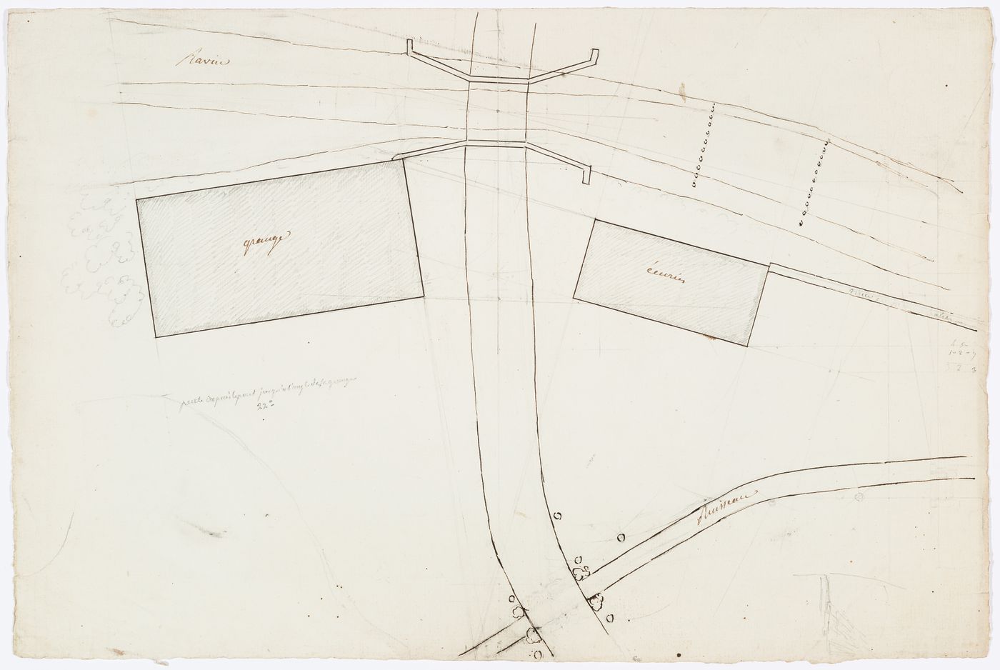 Partial site plan for Domaine de La Vallée, including a grange, a bridge and a stable
