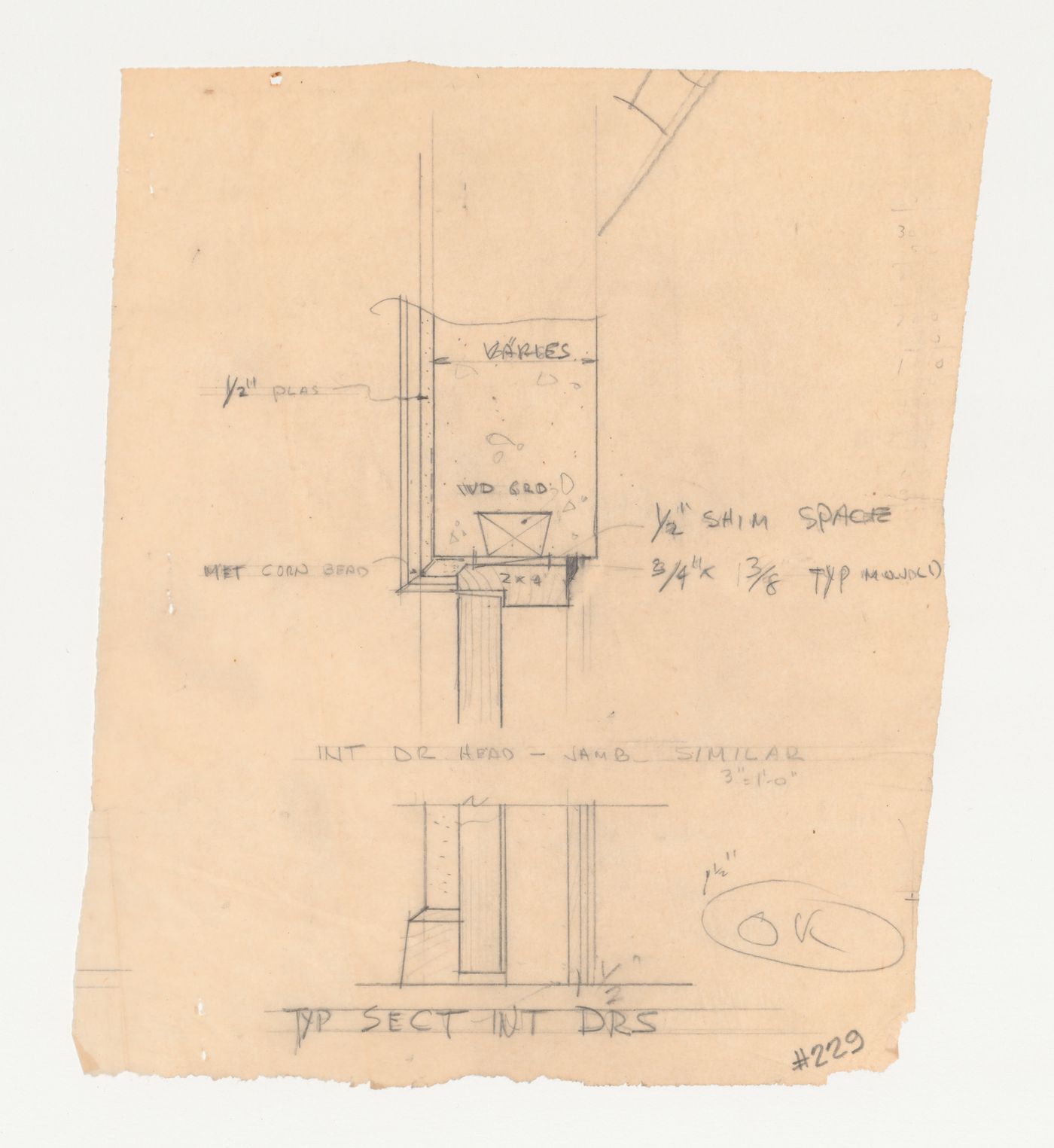 Wayfarers' Chapel, Palos Verdes, California: Sections through head and jamb of interior doors, possibly for the campanile or vestry