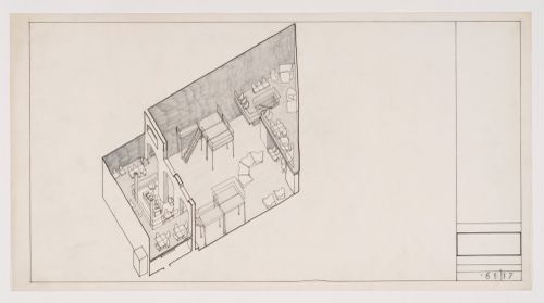 Axonometric interior view with furniture, Donmar Theatre, London