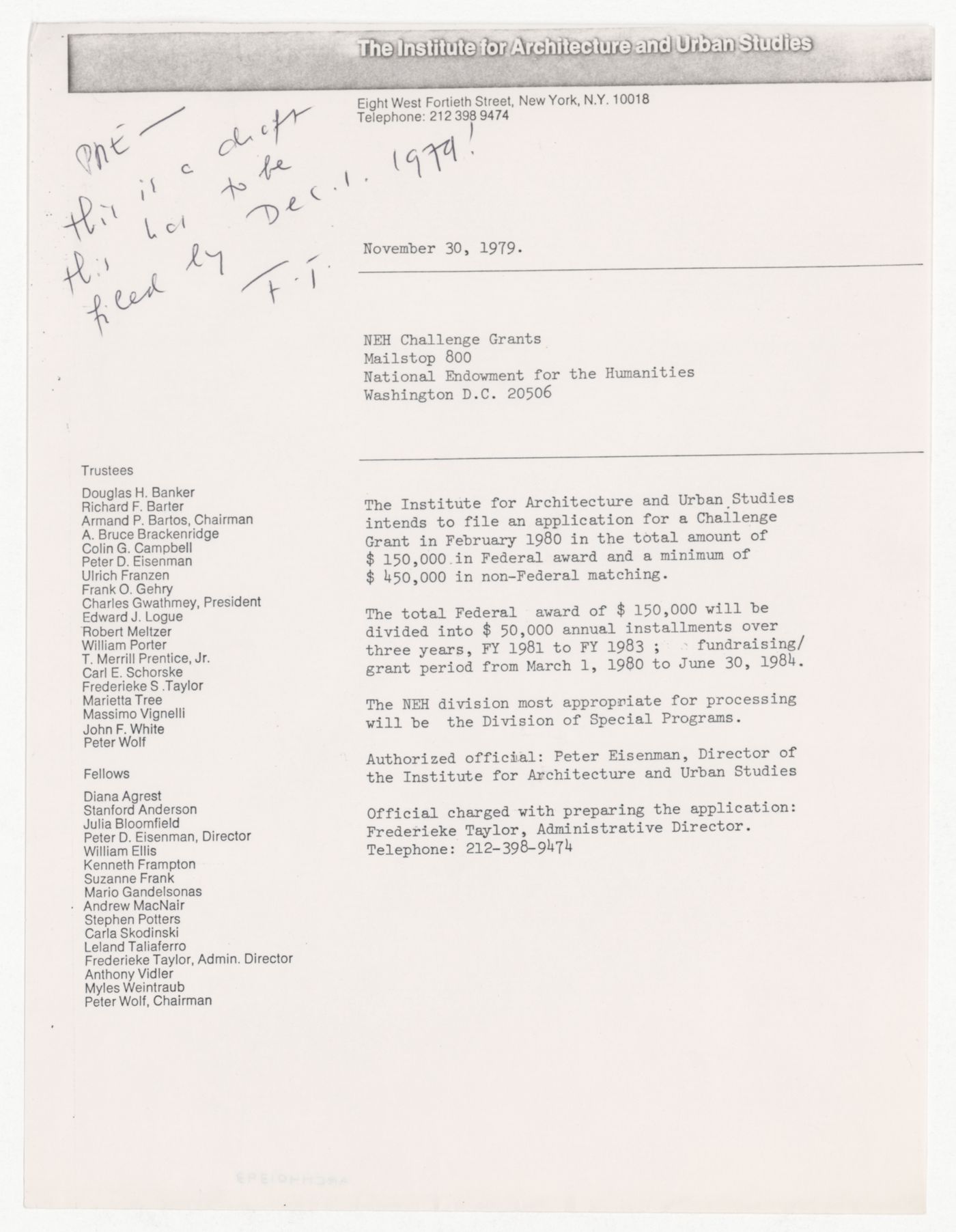 Draft letter from IAUS to National Endowment for the Humanities (NEH) about NEH Challenge Grants with annotations