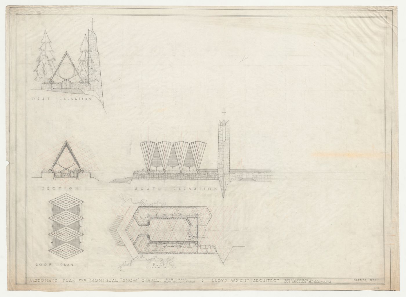 Snow Chapel, Laval, Québec: West and south elevations, section, ground plan and roof plan developed on an equilateral parallelogram grid