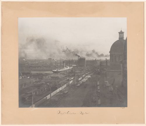 View looking south west from the tower of Notre-Dame-de-Bonsecours at various activities happening on the wharves of the port of Montréal, Québec