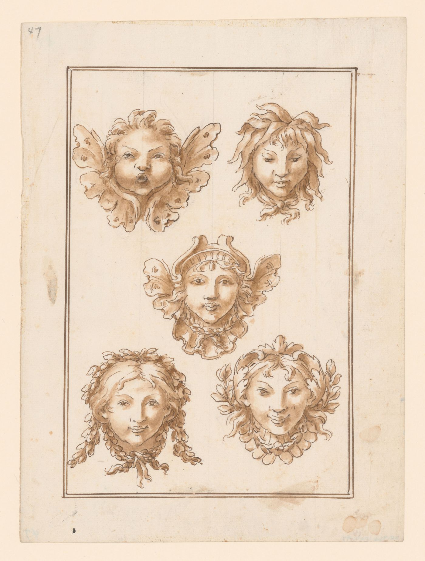 Studies for five ornamental masks