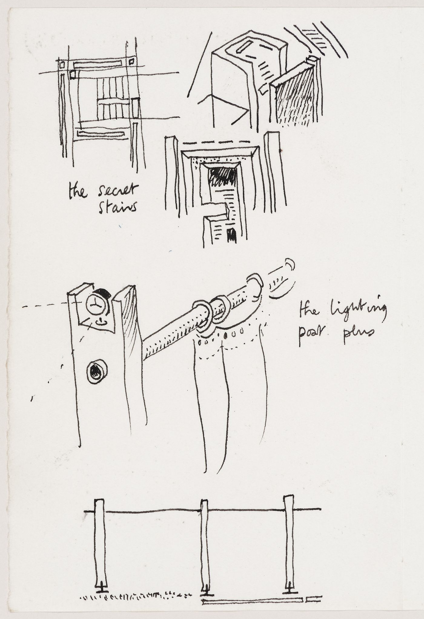 Perthut House: conceptual sketches of details ("the secret stairs", "the lighting post plus")