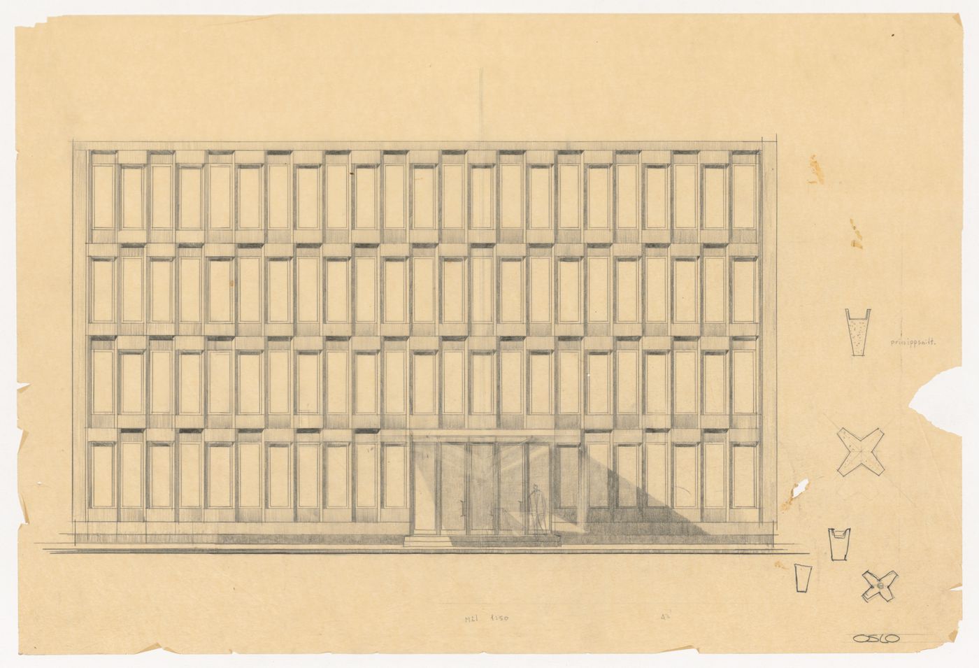 Elevation with sketches for United States Embassy, Oslo, Norway