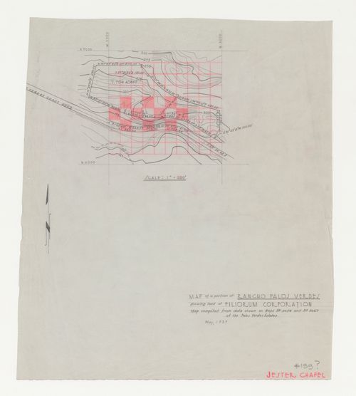 Wayfarers' Chapel, Palos Verdes, California: Contour map of Filiorum Corporation property, including chapel site