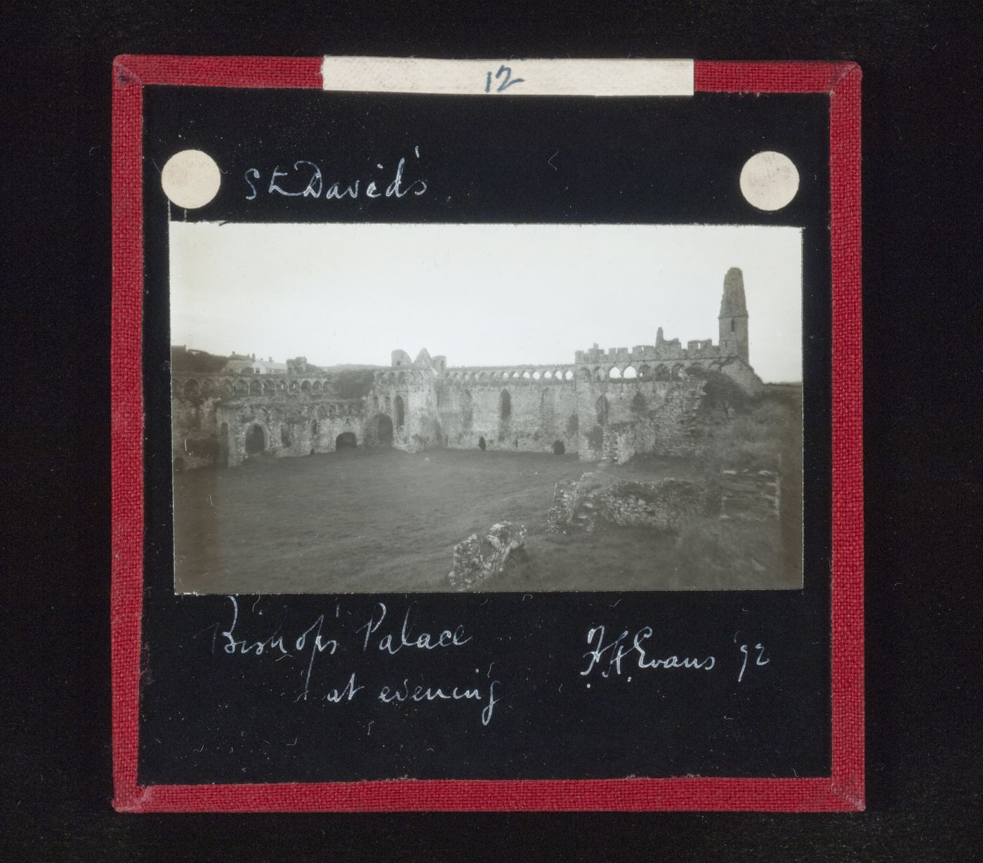 General view of bishop's palace in evening, St. David's, Wales