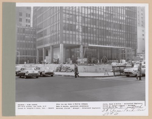 Seagram building under construction, looking south-east from Park and 53rd street