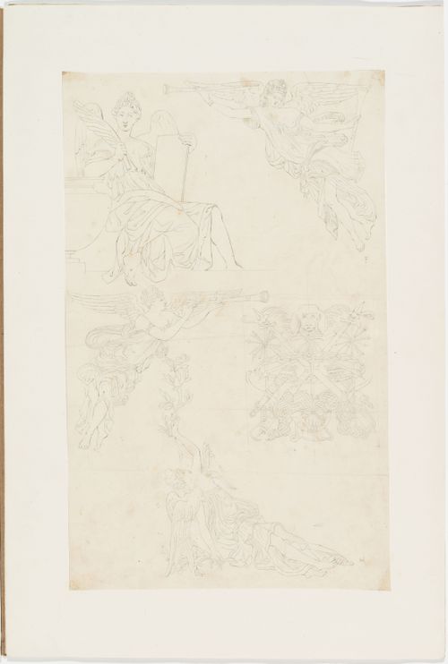 Four drawings of winged female figures, probably Victories, and one trophy