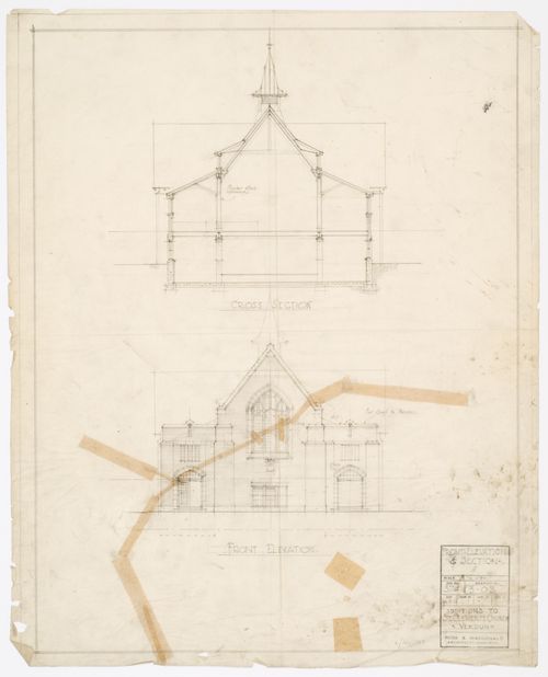 Ajouts au St. Clements Church, Verdun (maintenant Montréal), Québec : coupe et élévation de la façade principale