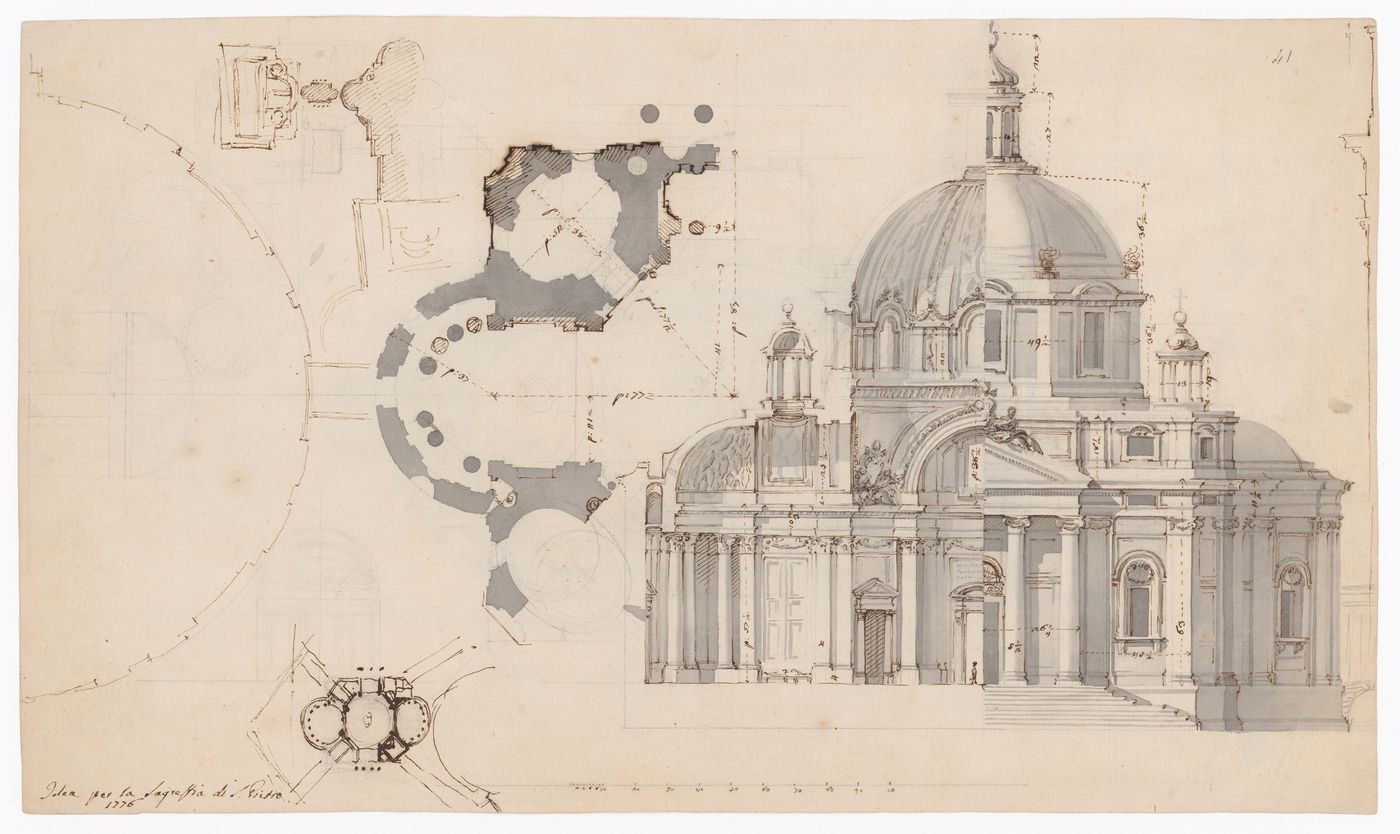 Partial plans, cross section, and elevation for the sacristy for Saint Peter's, Rome