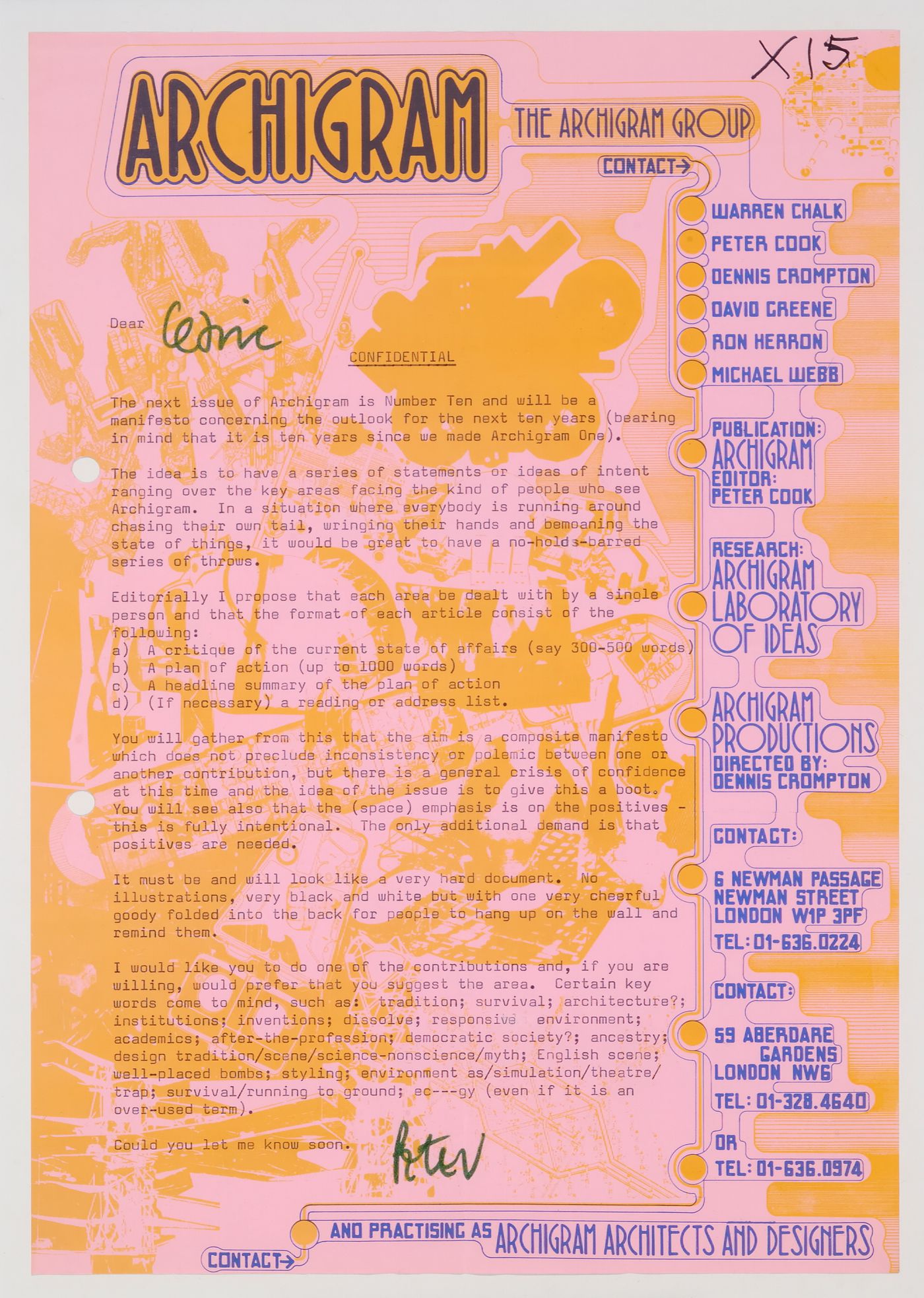 Letter from Peter Cook inviting Cedric Price to contribute to Archigram Ten