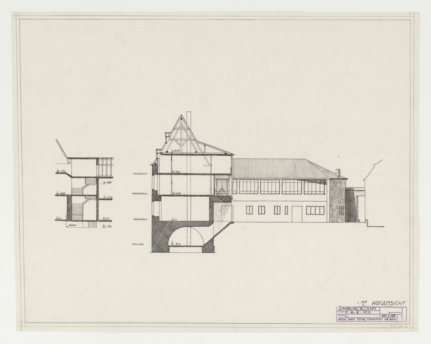 Section and sectional elevation for an addition to an existing building, possibly a school, Limburg an der Lahn, Germany