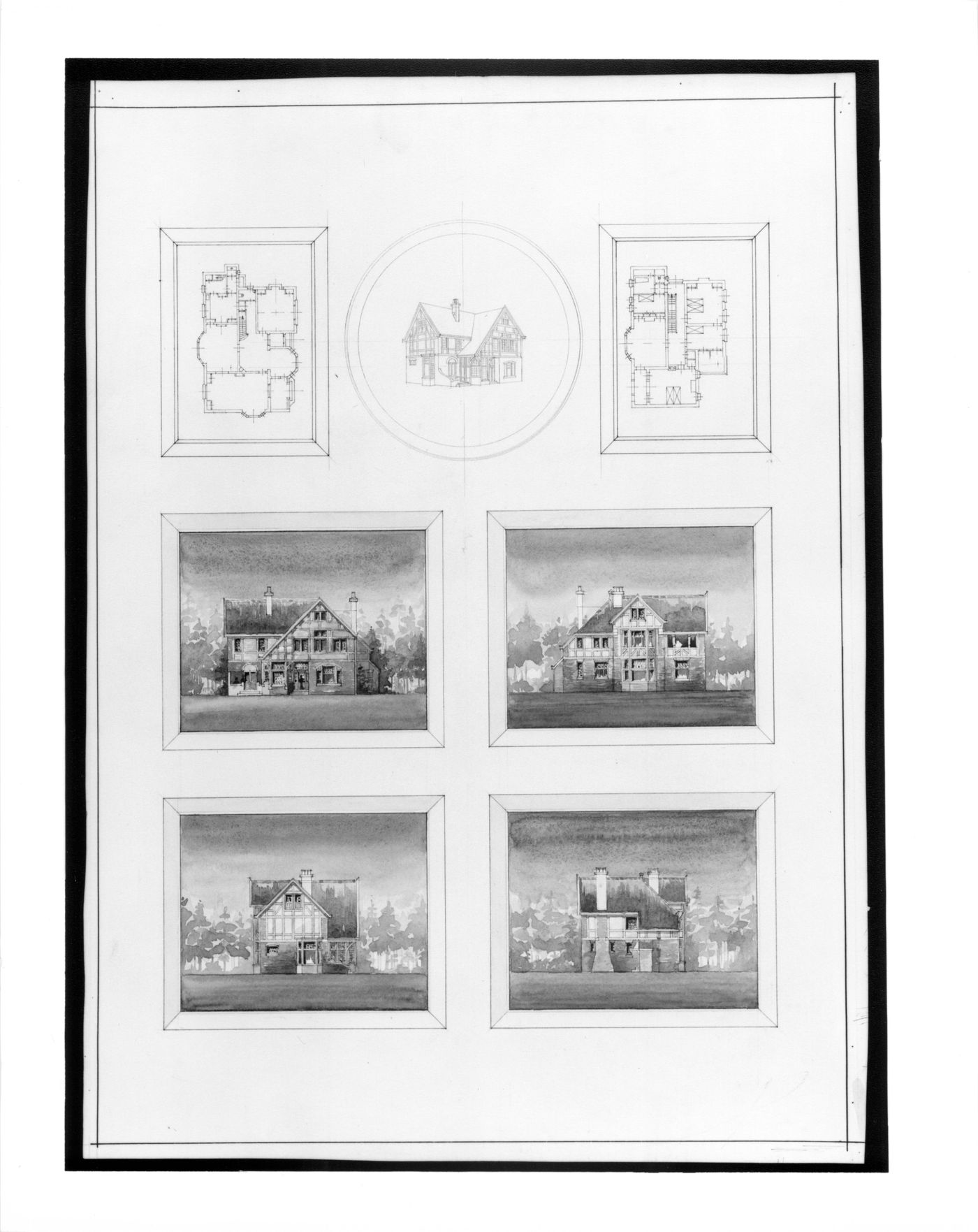 Perspective, ground and first floor plans and elevations for a house, Netherlands