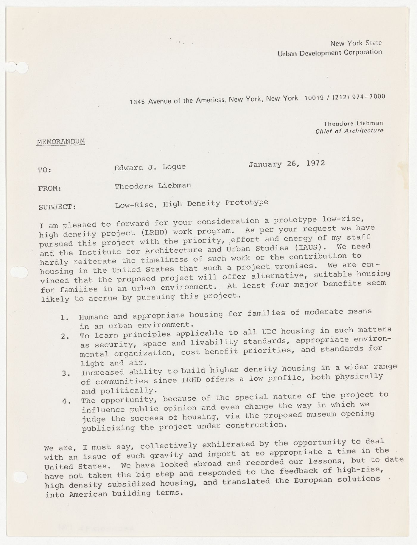 Memorandum from Theodore Liebman to Edward J. Logue about Low-Rise High-Density (LRHD) prototype