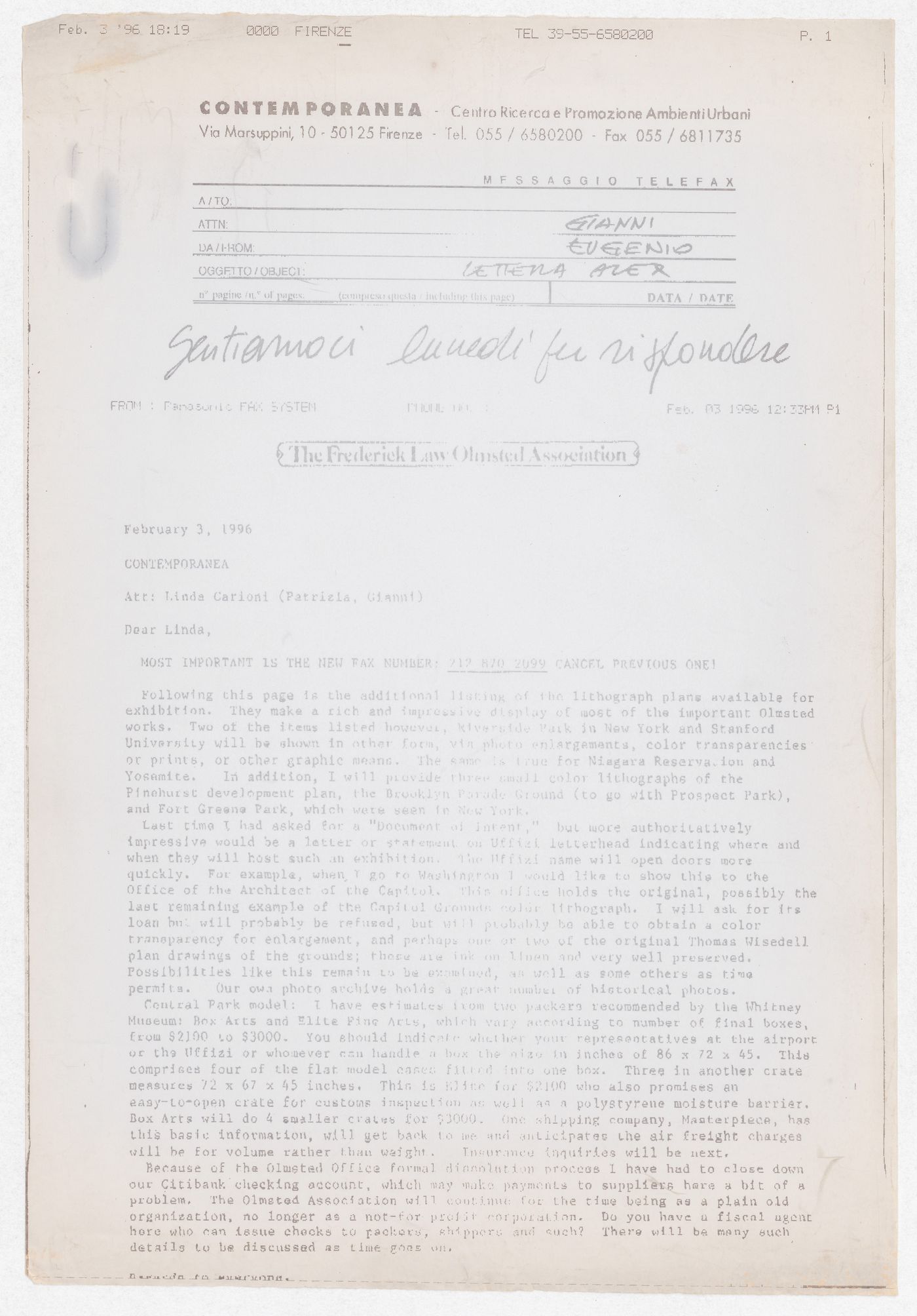 Correspondence with The Frederick Law Olmsted Association for the exhibition Olmsted: L'origine del parco urbano e del parco naturale contemporaneo