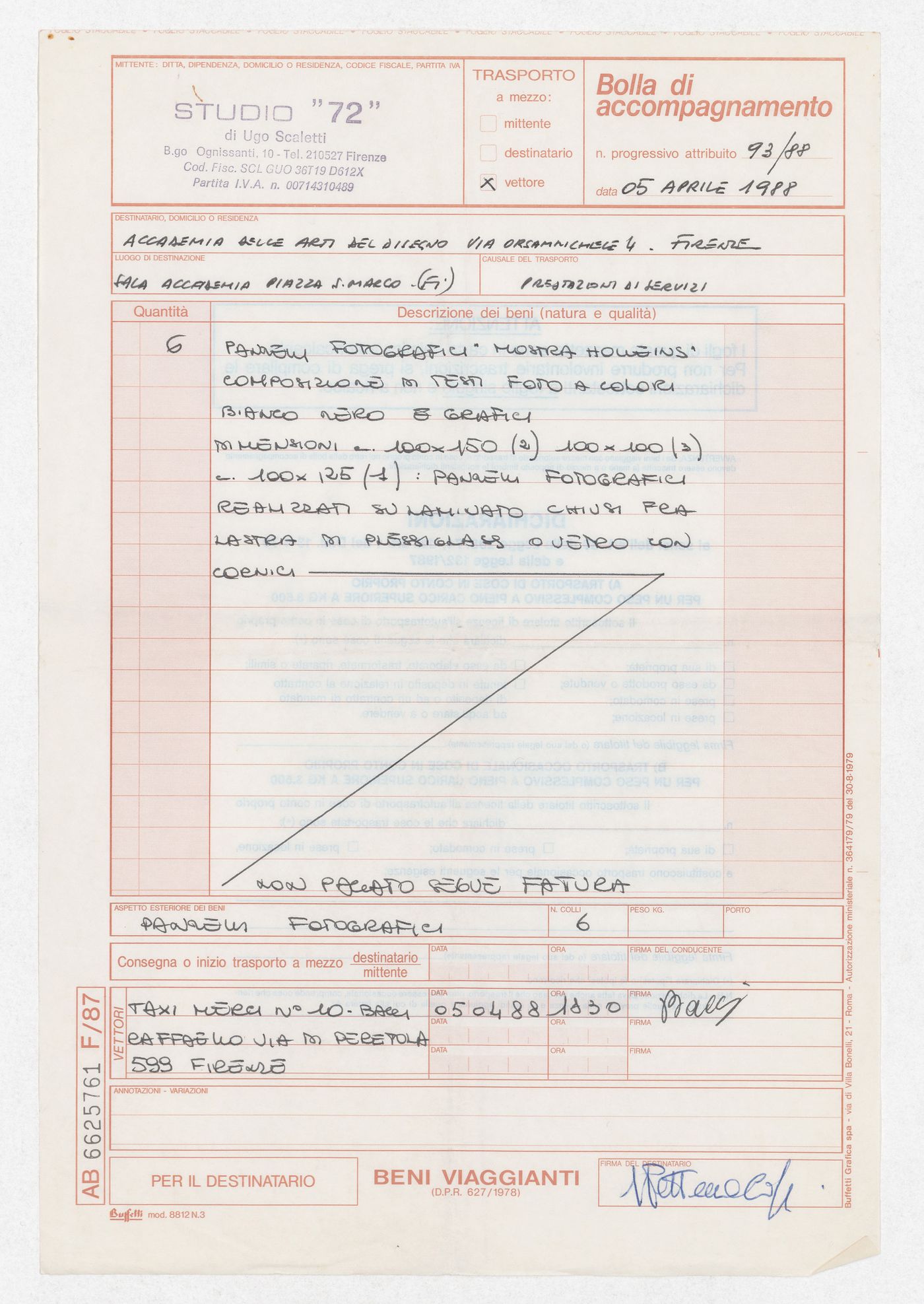 Packing slip for the exhibition Hans Hollein. Opere 1960-1988