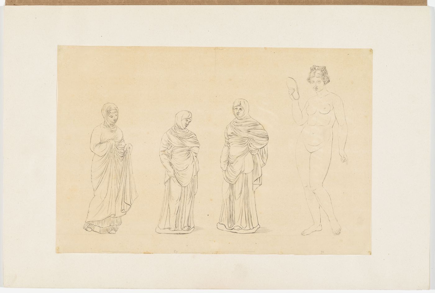 Drawings of three draped female statues and one drawing of a nude statue of Aphrodite holding a sandal, after a Hellenistic group sculpture dated ca. 100 B.C.