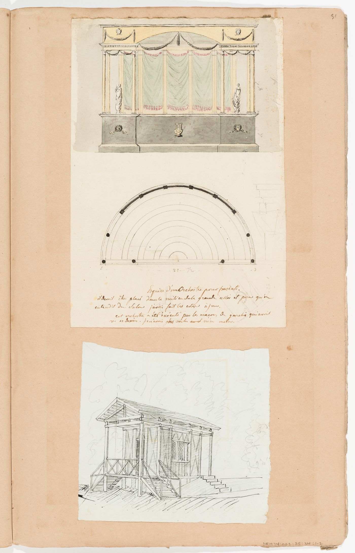 Conceptual drawing for a small "orchestre", Frascati; Perspective for a rustic cabin