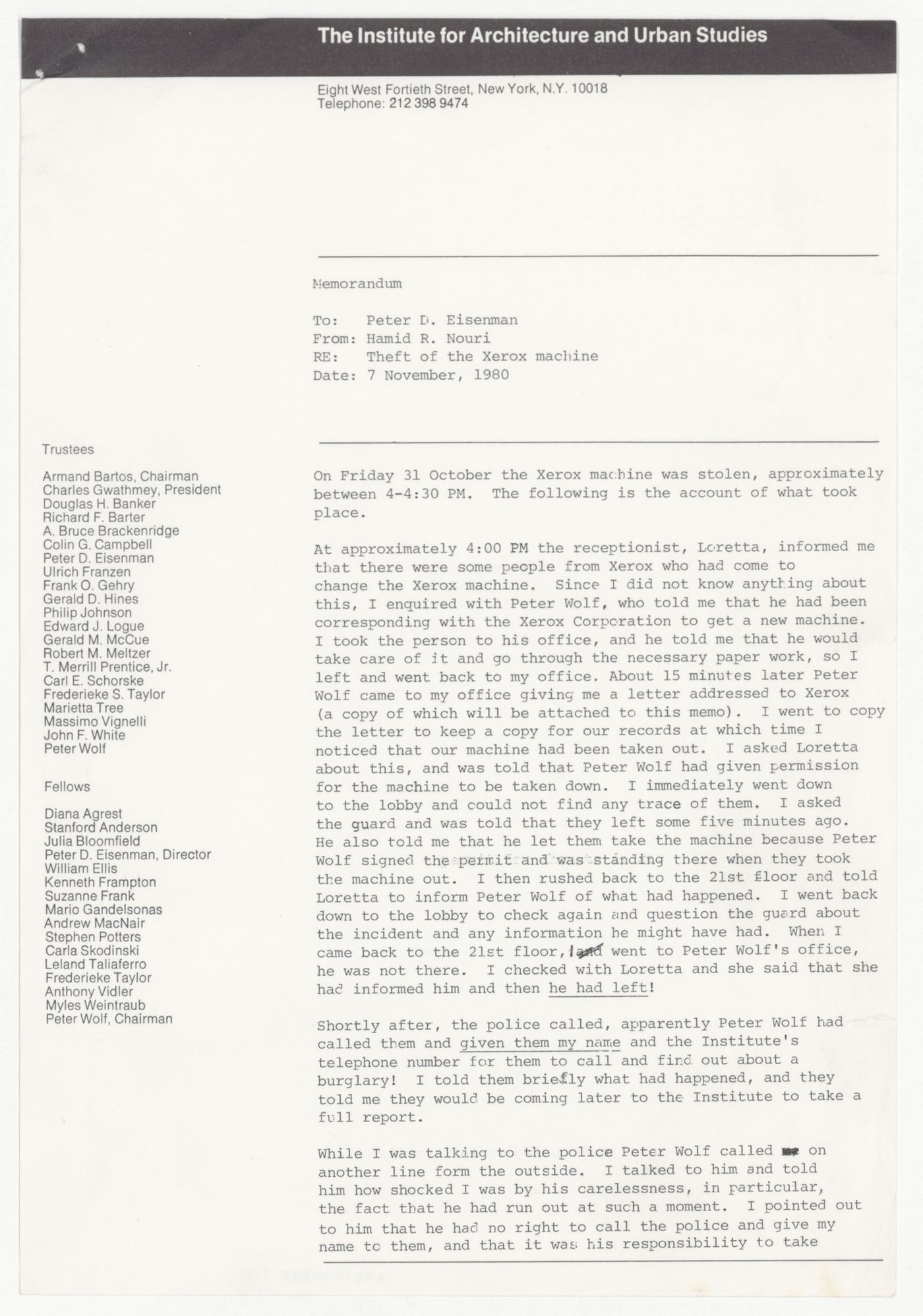 Memorandum from Hamid R. Nouri to Peter D. Eisenman about the theft of the Xerox machine with attached memorandum from Peter Wolf to Xerox company