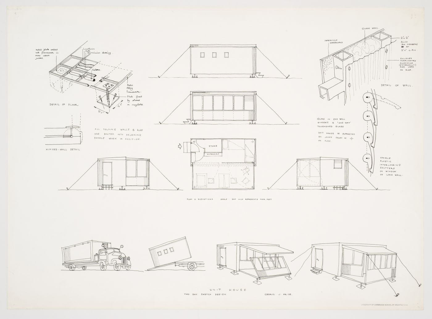 Unit House: plan, elevations, details and sketches showing transport and enlargement of the house