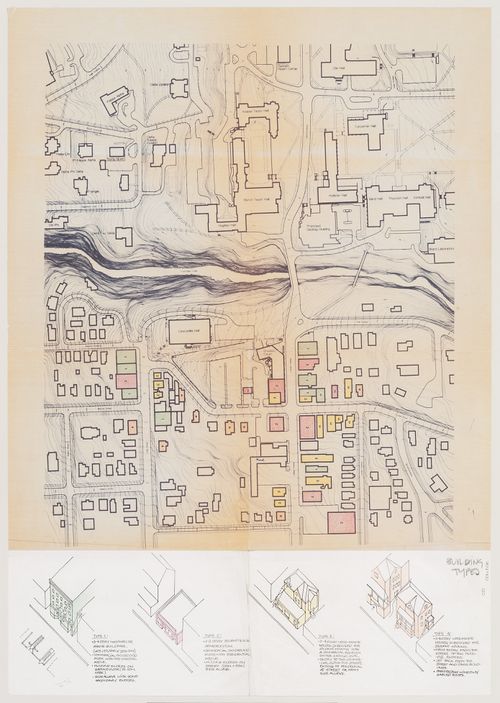 Center for Theatre Arts, Cornell University, Ithaca, New York: topographic survey of study area and axonometrics of building types for the Collegetown urban design study