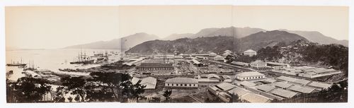 Panorama of the Foochow Arsenal showing the shipyard, harbour, buildings and a building site, Mamoi (now Mawei), near Foochow (now Fuzhou), China