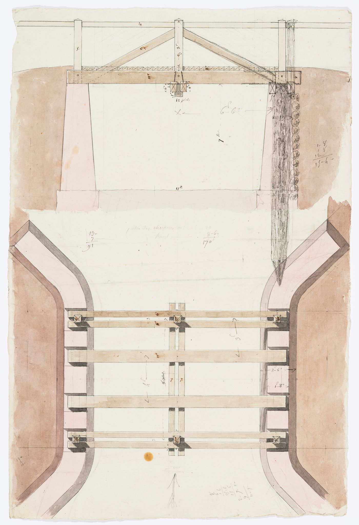 Elevation and plan for a bridge, Domaine de La Vallée; verso: Sketch plans, elevations and details for a bridge, Domaine de La Vallée