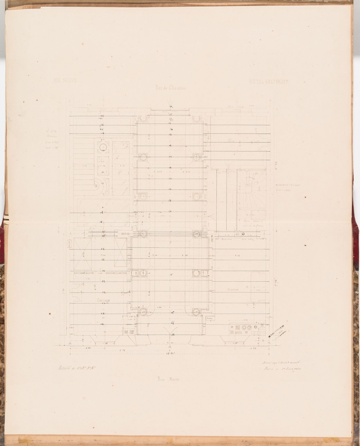 Ground floor plan indicating the location of iron beams, Hôtel Soltykoff