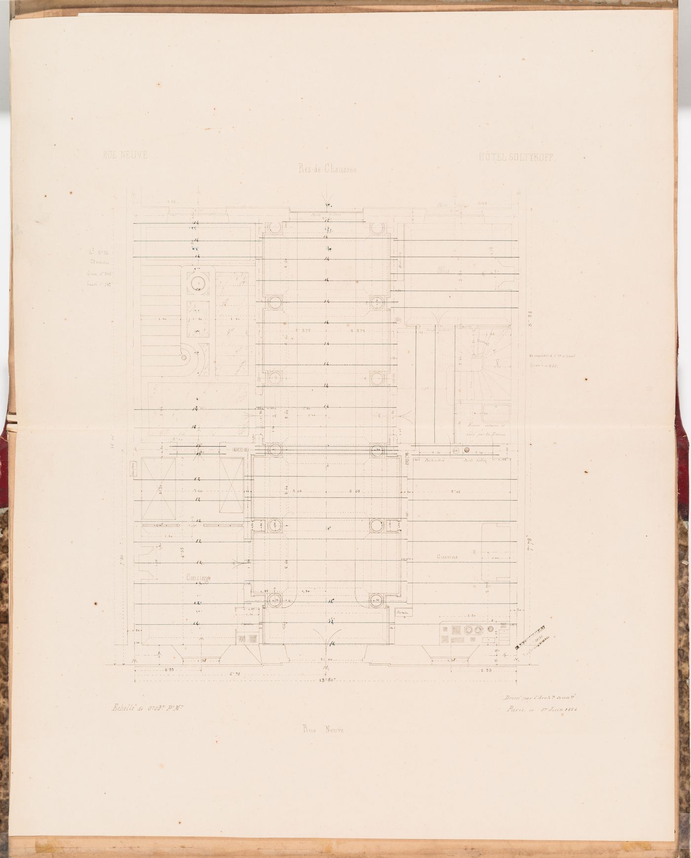 Ground floor plan indicating the location of iron beams, Hôtel Soltykoff