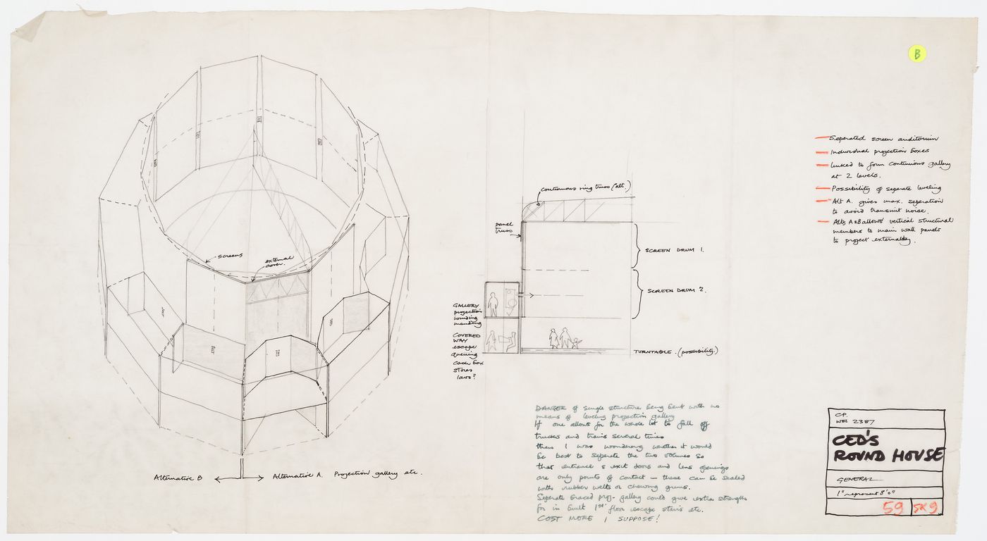 Perspective sketch and section for a portable cinema for Circlorama Theatres Limited